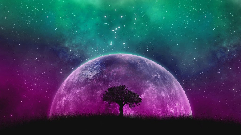 a tree in front of a purple moon