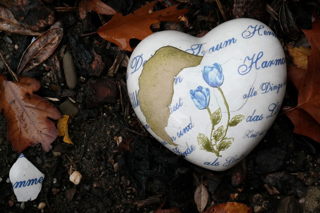 A heart shaped stone, painted white with two blue flowers and words in German. The stone is against a background of leaves