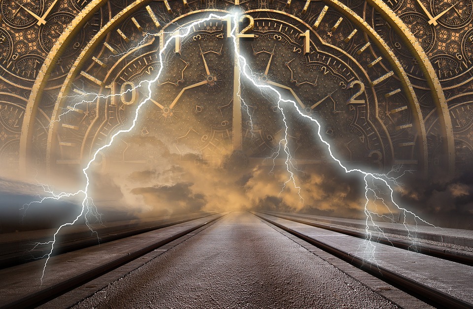 A road with lightning above and a clock face in the night sky